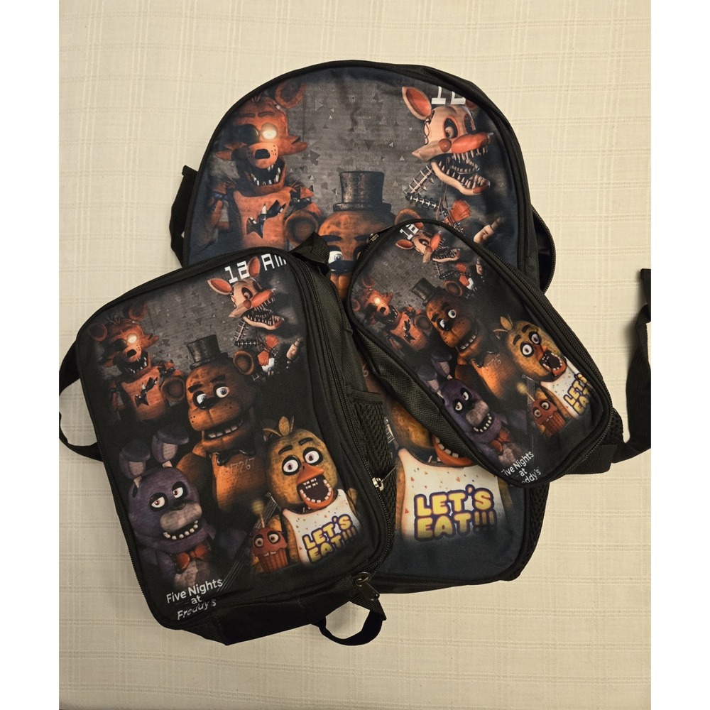 Kids Five Nights at Freddy's 3-Piece Black Backpack Set Freddy Foxy Chica Bonnie